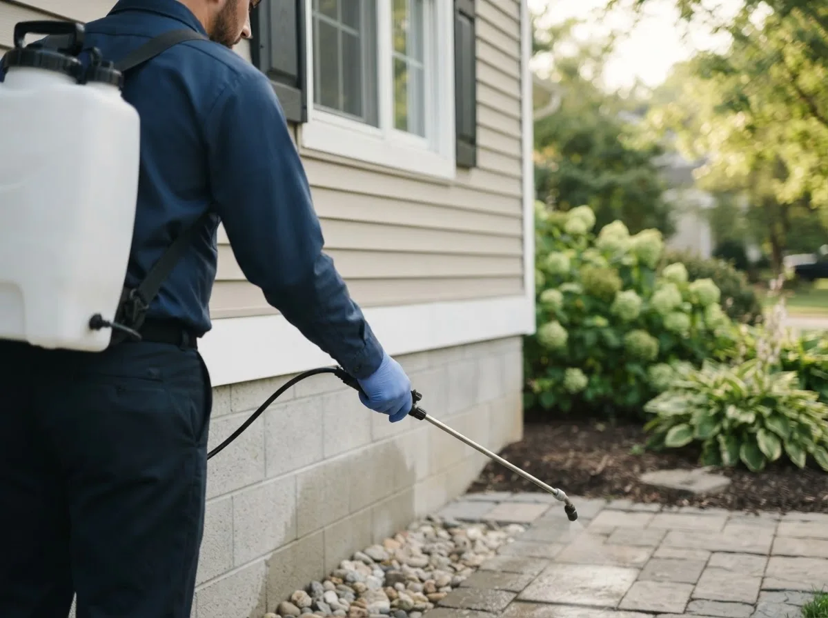 Pest control technician inspecting a home in Covington, MI